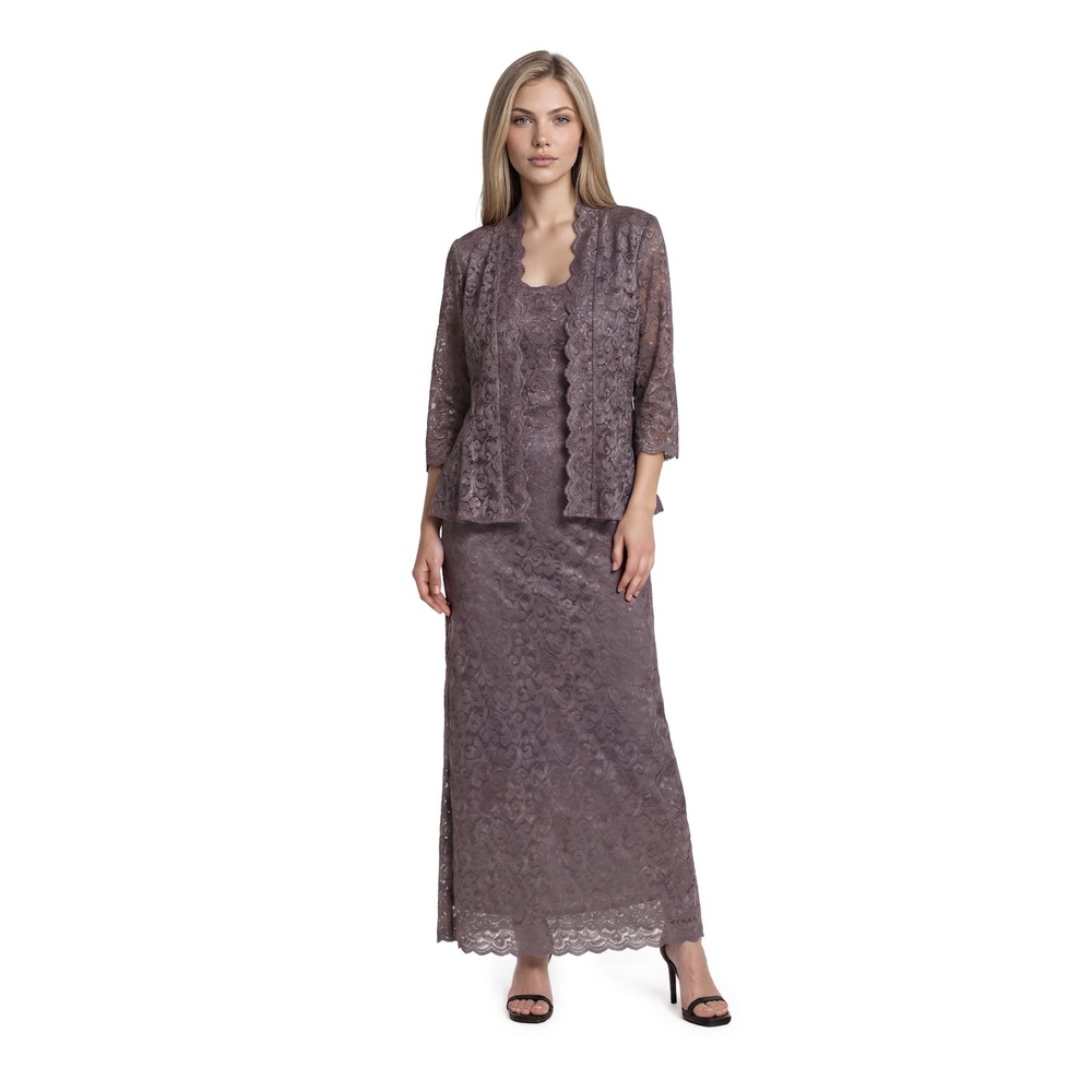 R M Collection Lace Maxi Dress Set Women's Size 10 Mauve Purple Gown Pockets